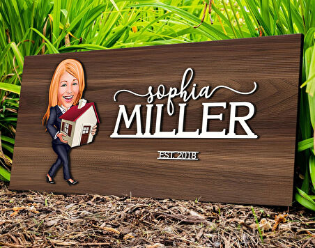 BK Gift Kişiye Özel Kadın Emlakçı Karikatürlü Kabartma Tasarım Antik Ceviz Ahşap Tabela-1, Dekoratif Tabela, Rustik Ev Dekorasyonu, Duvar Dekoru