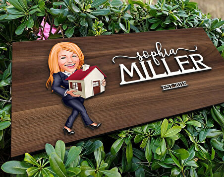BK Gift Kişiye Özel Kadın Emlakçı Karikatürlü Kabartma Tasarım Antik Ceviz Ahşap Tabela-1, Dekoratif Tabela, Rustik Ev Dekorasyonu, Duvar Dekoru