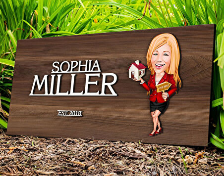 BK Gift Kişiye Özel Kadın Emlakçı Karikatürlü Kabartma Tasarım Antik Ceviz Ahşap Tabela-2, Dekoratif Tabela, Rustik Ev Dekorasyonu, Duvar Dekoru