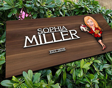 BK Gift Kişiye Özel Kadın Emlakçı Karikatürlü Kabartma Tasarım Antik Ceviz Ahşap Tabela-2, Dekoratif Tabela, Rustik Ev Dekorasyonu, Duvar Dekoru