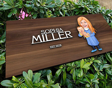 BK Gift Kişiye Özel Kadın Doğum Uzmanı Karikatürlü Kabartma Tasarım Antik Ceviz Ahşap Tabela-1, Dekoratif Tabela, Rustik Ev Dekorasyonu,