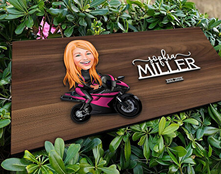 BK Gift Kişiye Özel Kadın Motorcu Karikatürlü Kabartma Tasarım Antik Ceviz Ahşap Tabela-1, Dekoratif Tabela, Rustik Ev Dekorasyonu,Duvar Dekoru