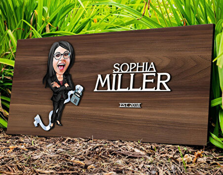 BK Gift Kişiye Özel Kadın Muhasebeci Karikatürlü Kabartma Tasarım Antik Ceviz Ahşap Tabela-1, Dekoratif Tabela, Rustik Ev Dekorasyonu,Duvar Dekoru