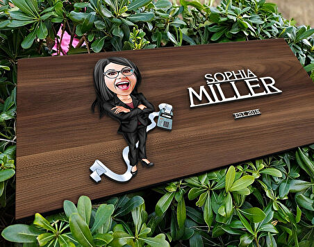 BK Gift Kişiye Özel Kadın Muhasebeci Karikatürlü Kabartma Tasarım Antik Ceviz Ahşap Tabela-1, Dekoratif Tabela, Rustik Ev Dekorasyonu,Duvar Dekoru