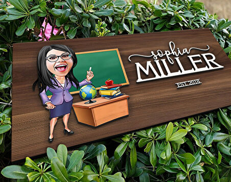 BK Gift Kişiye Özel Kadın Öğretmen Karikatürlü Kabartma Tasarım Antik Ceviz Ahşap Tabela-1, Dekoratif Tabela, Rustik Ev Dekorasyonu,Duvar Dekoru