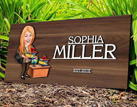 BK Gift Kişiye Özel Kadın Öğretmen Karikatürlü Kabartma Tasarım Antik Ceviz Ahşap Tabela-4, Dekoratif Tabela, Rustik Ev Dekorasyonu,Duvar Dekoru