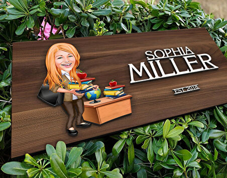 BK Gift Kişiye Özel Kadın Öğretmen Karikatürlü Kabartma Tasarım Antik Ceviz Ahşap Tabela-4, Dekoratif Tabela, Rustik Ev Dekorasyonu,Duvar Dekoru