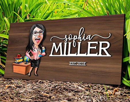 BK Gift Kişiye Özel Kadın Öğretmen Karikatürlü Kabartma Tasarım Antik Ceviz Ahşap Tabela-5, Dekoratif Tabela, Rustik Ev Dekorasyonu,Duvar Dekoru