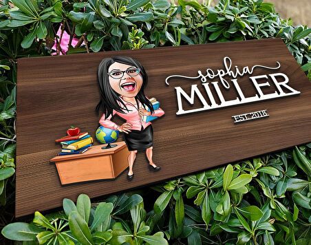 BK Gift Kişiye Özel Kadın Öğretmen Karikatürlü Kabartma Tasarım Antik Ceviz Ahşap Tabela-5, Dekoratif Tabela, Rustik Ev Dekorasyonu,Duvar Dekoru