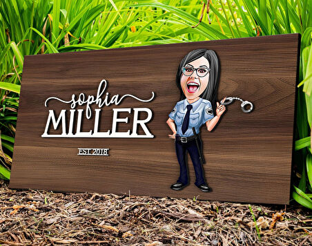 BK Gift Kişiye Özel Kadın Polis Karikatürlü Kabartma Tasarım Antik Ceviz Ahşap Tabela-1, Dekoratif Tabela, Rustik Ev Dekorasyonu,Duvar Dekoru