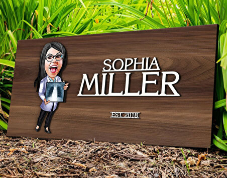 BK Gift Kişiye Özel Kadın Radyolojist Karikatürlü Kabartma Tasarım Antik Ceviz Ahşap Tabela-1, Dekoratif Tabela, Rustik Ev Dekorasyonu,Duvar Dekoru