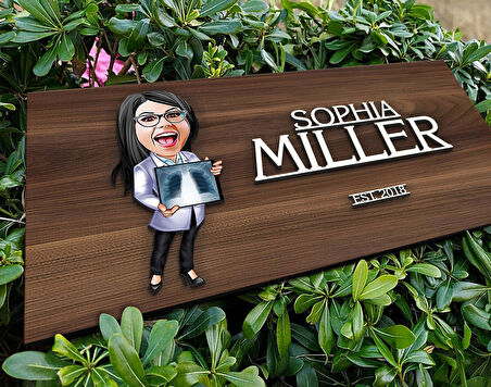 BK Gift Kişiye Özel Kadın Radyolojist Karikatürlü Kabartma Tasarım Antik Ceviz Ahşap Tabela-1, Dekoratif Tabela, Rustik Ev Dekorasyonu,Duvar Dekoru