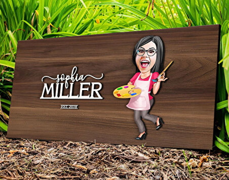 BK Gift Kişiye Özel Kadın Ressam Karikatürlü Kabartma Tasarım Antik Ceviz Ahşap Tabela-1, Dekoratif Tabela, Rustik Ev Dekorasyonu,Duvar Dekoru