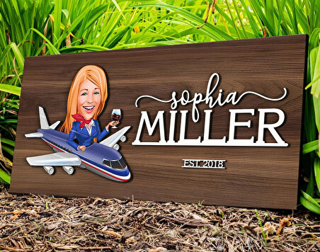 BK Gift Kişiye Özel Kadın Hostes Karikatürlü Kabartma Tasarım Antik Ceviz Ahşap Tabela-1, Dekoratif Tabela, Rustik Ev Dekorasyonu,Duvar Dekoru