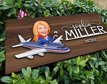 BK Gift Kişiye Özel Kadın Hostes Karikatürlü Kabartma Tasarım Antik Ceviz Ahşap Tabela-1, Dekoratif Tabela, Rustik Ev Dekorasyonu,Duvar Dekoru