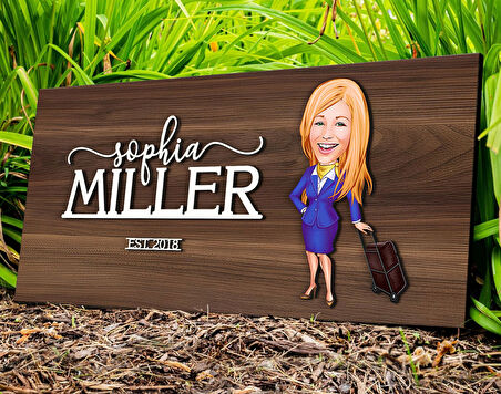 BK Gift Kişiye Özel Kadın Hostes Karikatürlü Kabartma Tasarım Antik Ceviz Ahşap Tabela-2, Dekoratif Tabela, Rustik Ev Dekorasyonu,Duvar Dekoru