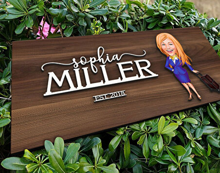 BK Gift Kişiye Özel Kadın Hostes Karikatürlü Kabartma Tasarım Antik Ceviz Ahşap Tabela-2, Dekoratif Tabela, Rustik Ev Dekorasyonu,Duvar Dekoru