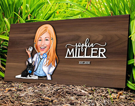 BK Gift Kişiye Özel Kadın Veteriner Karikatürlü Kabartma Tasarım Antik Ceviz Ahşap Tabela-1, Dekoratif Tabela, Rustik Ev Dekorasyonu,Duvar Dekoru