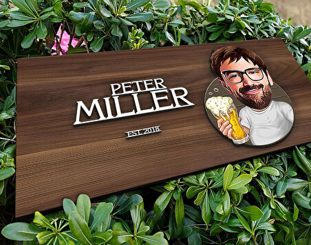 BK Gift Kişiye Özel Erkek Bira Karikatürlü Kabartma Tasarım Antik Ceviz Ahşap Tabela-1, Dekoratif Tabela, Rustik Ev Dekorasyonu,Duvar Dekoru