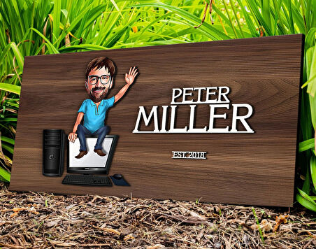 BK Gift Kişiye Özel Erkek Bilgisayar Mühendisi Karikatürlü Kabartma Tasarım Antik Ceviz Ahşap Tabela-1, Dekoratif Tabela, Rustik Ev Dekorasyonu