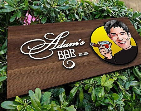 BK Gift Kişiye Özel Erkek Karikatürlü Kabartma Tasarım Antik Ceviz Ahşap Tabela-1, Dekoratif Tabela, Rustik Ev Dekorasyonu