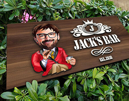 BK Gift Kişiye Özel Erkek Karikatürlü Kabartma Tasarım Antik Ceviz Ahşap Tabela-4, Dekoratif Tabela, Rustik Ev Dekorasyonu