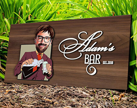 BK Gift Kişiye Özel Erkek Karikatürlü Kabartma Tasarım Antik Ceviz Ahşap Tabela-6, Dekoratif Tabela, Rustik Ev Dekorasyonu