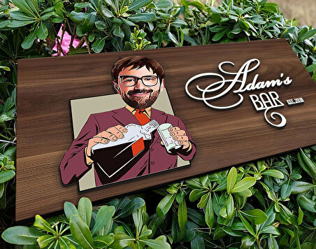 BK Gift Kişiye Özel Erkek Karikatürlü Kabartma Tasarım Antik Ceviz Ahşap Tabela-6, Dekoratif Tabela, Rustik Ev Dekorasyonu