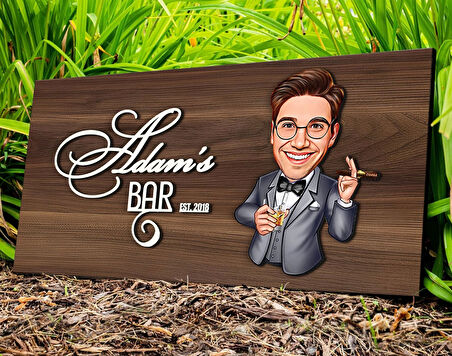 BK Gift Kişiye Özel Erkek Karikatürlü Kabartma Tasarım Antik Ceviz Ahşap Tabela-9, Dekoratif Tabela, Rustik Ev Dekorasyonu