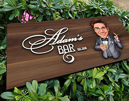 BK Gift Kişiye Özel Erkek Karikatürlü Kabartma Tasarım Antik Ceviz Ahşap Tabela-9, Dekoratif Tabela, Rustik Ev Dekorasyonu