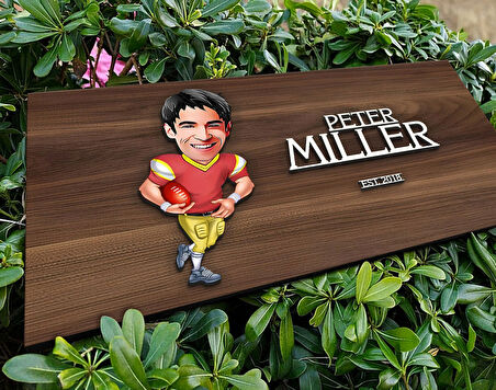 BK Gift Kişiye Özel Erkek Amerikan Futbolu Karikatürlü Kabartma Tasarım Antik Ceviz Ahşap Tabela-1, Dekoratif Tabela, Rustik Ev Dekorasyonu