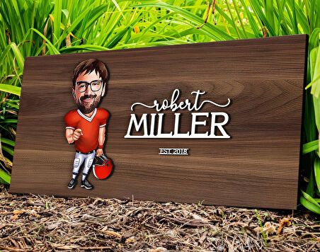 BK Gift Kişiye Özel Erkek Amerikan Futbolu Karikatürlü Kabartma Tasarım Antik Ceviz Ahşap Tabela-2, Dekoratif Tabela, Rustik Ev Dekorasyonu