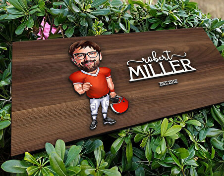 BK Gift Kişiye Özel Erkek Amerikan Futbolu Karikatürlü Kabartma Tasarım Antik Ceviz Ahşap Tabela-2, Dekoratif Tabela, Rustik Ev Dekorasyonu