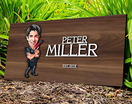 BK Gift Kişiye Özel Erkek Kuaför Karikatürlü Kabartma Tasarım Antik Ceviz Ahşap Tabela-1, Dekoratif Tabela, Rustik Ev Dekorasyonu