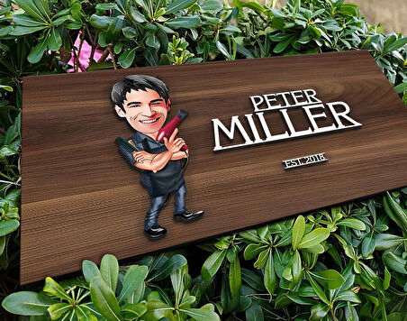 BK Gift Kişiye Özel Erkek Kuaför Karikatürlü Kabartma Tasarım Antik Ceviz Ahşap Tabela-1, Dekoratif Tabela, Rustik Ev Dekorasyonu