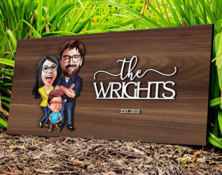 BK Gift Kişiye Özel Aile Karikatürlü Kabartma Tasarım Antik Ceviz Ahşap Tabela-1, Dekoratif Tabela, Rustik Ev Dekorasyonu