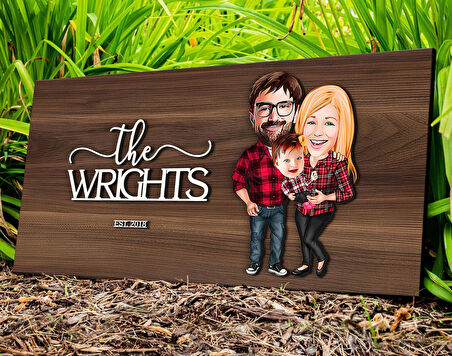 BK Gift Kişiye Özel Aile Karikatürlü Kabartma Tasarım Antik Ceviz Ahşap Tabela-2, Dekoratif Tabela, Rustik Ev Dekorasyonu