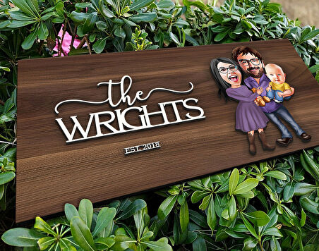 BK Gift Kişiye Özel Aile Karikatürlü Kabartma Tasarım Antik Ceviz Ahşap Tabela-3, Dekoratif Tabela, Rustik Ev Dekorasyonu