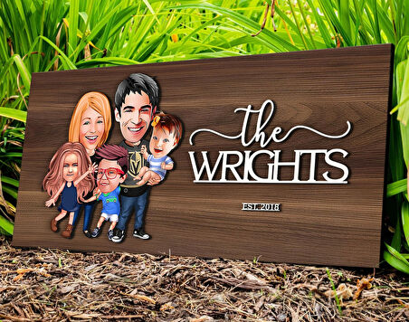 BK Gift Kişiye Özel 5li Aile Karikatürlü Kabartma Tasarım Antik Ceviz Ahşap Tabela-1, Dekoratif Tabela, Rustik Ev Dekorasyonu