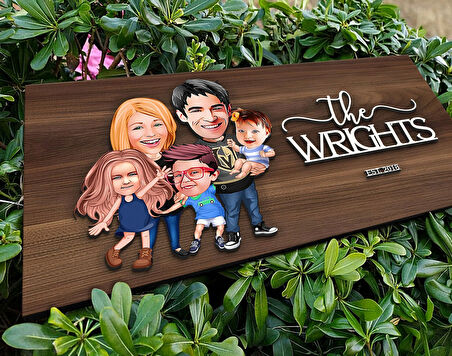 BK Gift Kişiye Özel 5li Aile Karikatürlü Kabartma Tasarım Antik Ceviz Ahşap Tabela-1, Dekoratif Tabela, Rustik Ev Dekorasyonu