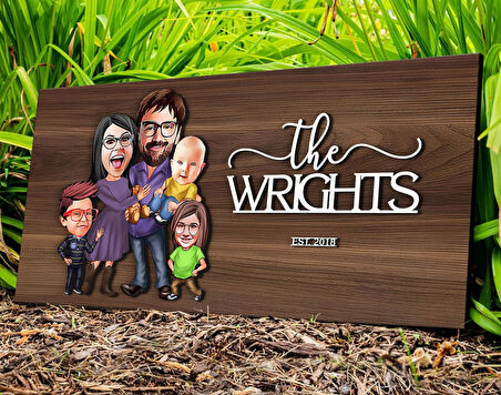 BK Gift Kişiye Özel 5li Aile Karikatürlü Kabartma Tasarım Antik Ceviz Ahşap Tabela-2, Dekoratif Tabela, Rustik Ev Dekorasyonu