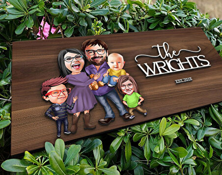 BK Gift Kişiye Özel 5li Aile Karikatürlü Kabartma Tasarım Antik Ceviz Ahşap Tabela-2, Dekoratif Tabela, Rustik Ev Dekorasyonu