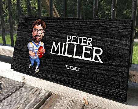 BK Gift Kişiye Özel Amerikan Futbolu Karikatürlü Kabartma Tasarım Antik Siyah (Ebony) Ahşap Tabela-1, Dekoratif Tabela, Rustik Ev Dekorasyonu, Duvar Dekoru