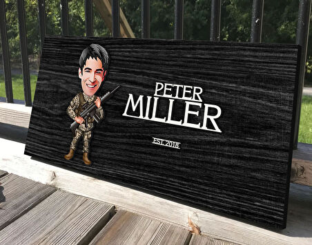 BK Gift Kişiye Özel Asker Karikatürlü Kabartma Tasarım Antik Siyah (Ebony) Ahşap Tabela-1, Dekoratif Tabela, Rustik Ev Dekorasyonu, Duvar Dekoru