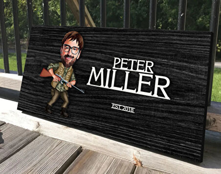 BK Gift Kişiye Özel Avcı Karikatürlü Kabartma Tasarım Antik Siyah (Ebony) Ahşap Tabela-2, Dekoratif Tabela, Rustik Ev Dekorasyonu, Duvar Dekoru