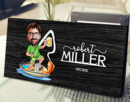 BK Gift Kişiye Özel Balıkçı Karikatürlü Kabartma Tasarım Antik Siyah (Ebony) Ahşap Tabela-1, Dekoratif Tabela, Rustik Ev Dekorasyonu, Duvar Dekoru