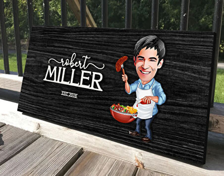 BK Gift Kişiye Özel Barbekü Karikatürlü Kabartma Tasarım Antik Siyah (Ebony) Ahşap Tabela-3, Dekoratif Tabela, Rustik Ev Dekorasyonu, Duvar Dekoru