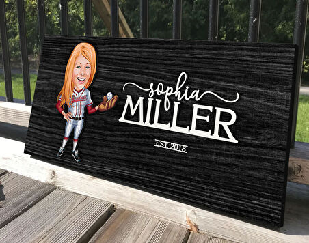 BK Gift Kişiye Özel Kadın Beyzbol Karikatürlü Kabartma Tasarım Antik Siyah (Ebony) Ahşap Tabela-1, Dekoratif Tabela, Rustik Ev Dekorasyonu, Duvar Dekoru