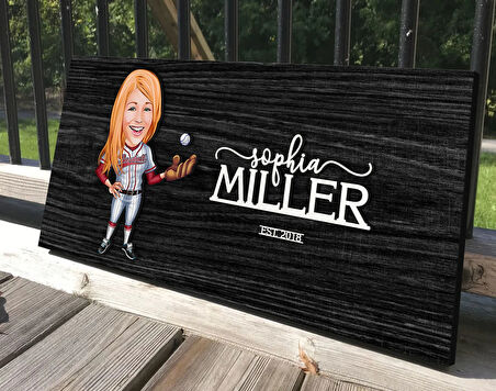 BK Gift Kişiye Özel Kadın Beyzbol Karikatürlü Kabartma Tasarım Antik Siyah (Ebony) Ahşap Tabela-2, Dekoratif Tabela, Rustik Ev Dekorasyonu, Duvar Dekoru