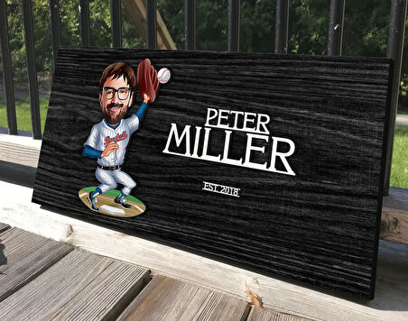 BK Gift Kişiye Özel Erkek Beyzbol Karikatürlü Kabartma Tasarım Antik Siyah (Ebony) Ahşap Tabela-2, Dekoratif Tabela, Rustik Ev Dekorasyonu, Duvar Dekoru